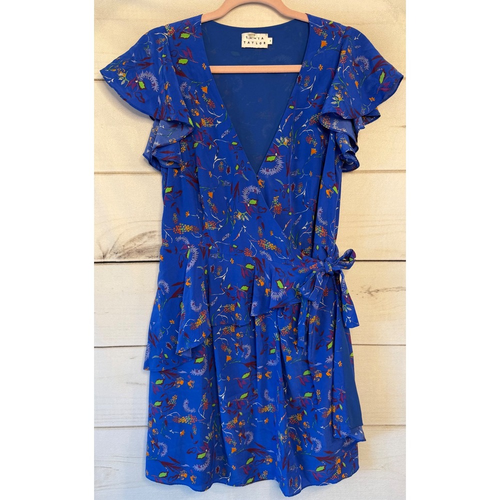 Tanya Taylor Silk Wrap Dress Blue Floral Ruffle Flutter Sleeve Size 4